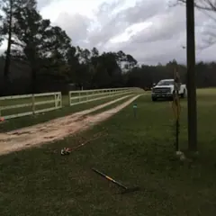 Three-rail wood fence along a pasture edge with tall pines and a pickup truck